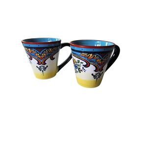 EURO CERAMICA Zanzibar Yellow Blue Handpainted Coffee Mugs Set of 2